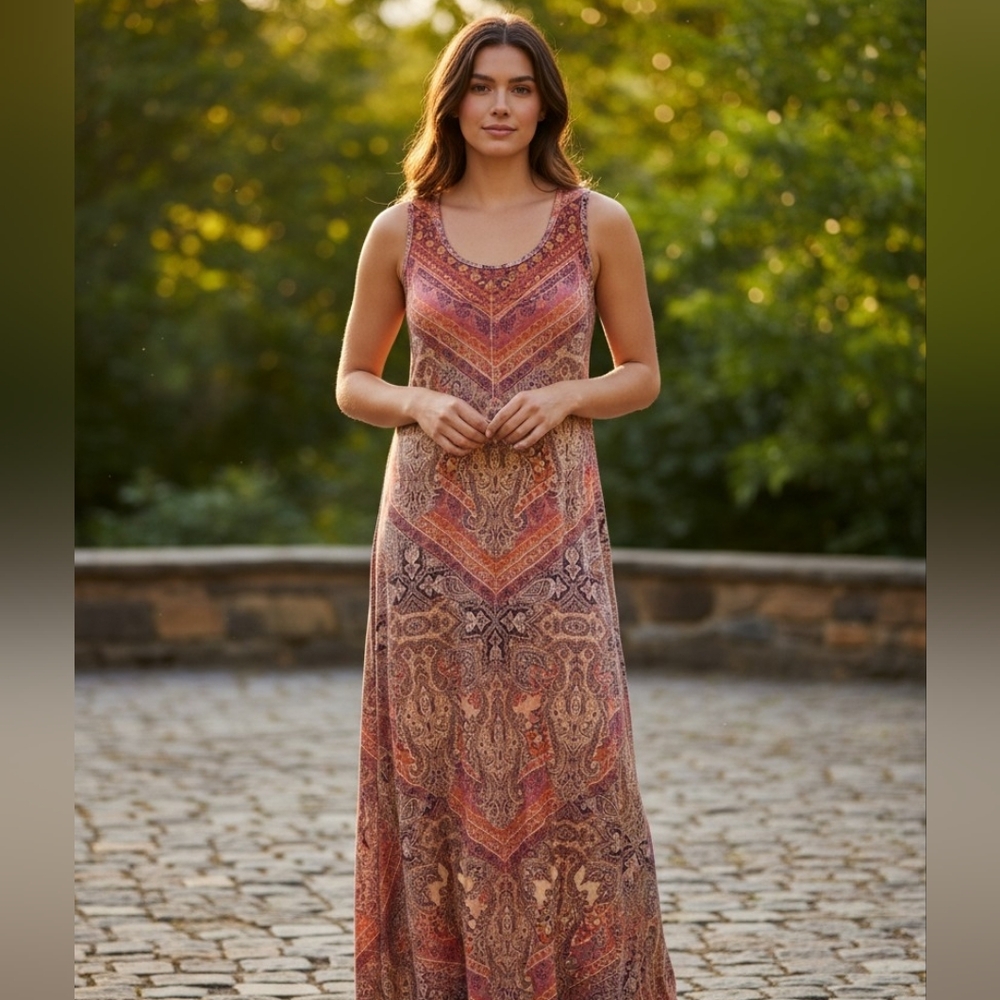 One World Bohemian Maxi Dress - Multicolor Butterfly Lace Back Sleeveless